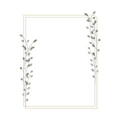 Rectangular frame in rustic, minimalistic and watercolor style. Geometric border with watercolor branches and leaves. Modern frame for design wedding invitation and greeting card. Png, vector