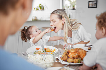 Happy family, mother and child eating chicken and vegetables in a healthy meal for dinner in...