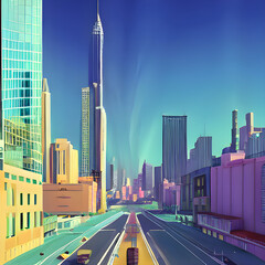 架空都市の様々な風景を描いたイラストです。