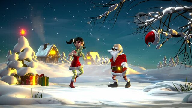 Christmas party. Funny Santa Claus dances hip hop with a girl.
