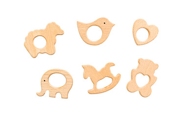 baby wooden teethers isolate on white background. Selective focus. Child.
