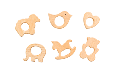 baby wooden teethers isolate on white background. Selective focus. Child.