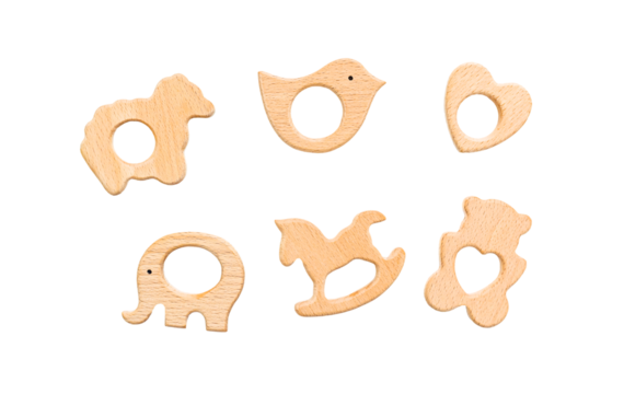 baby wooden teethers isolate on white background. Selective focus. Child.
