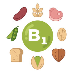 Foods rich in vitamin B1. Poster vitamin B1 in the center with food icons around it: beans, cereal, meat, etc. Vector illustration