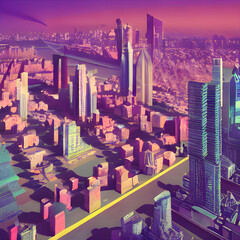 Vaporwaveをモチーフにした架空都市の風景イラストです。