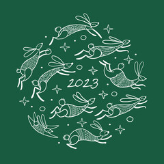 Happy chinese new year 2023 of the rabbit zodiac sign. Greeting card design. Funny Bunnies concept art. Christamas holiday background. Vector illustration