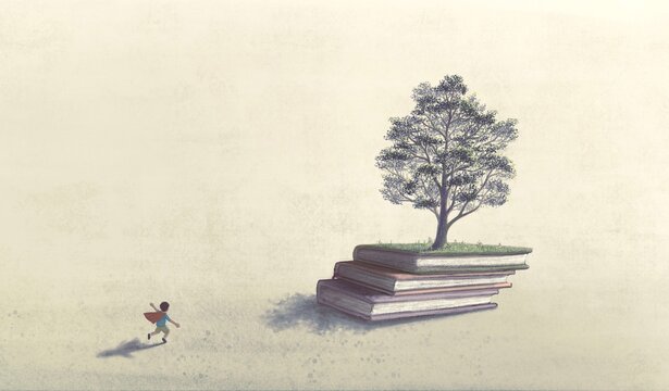 A boy and books of life and a tree. Concept art of education, learning, kid, reading, child, study, school and imagination. creative backgrond, 3d illustration. Surreal artwork. Conceptual drawing.