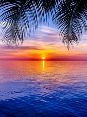 Gardinen Silhouette of palm trees Beautiful sunset on the tropical sea beach © EwaStudio