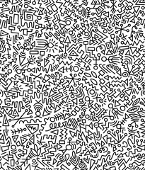 Black and white cartoon pattern on white background, doodle and abstract design, seamless background.