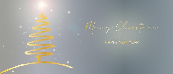 Merry christmas card banner with golden christmas tree 