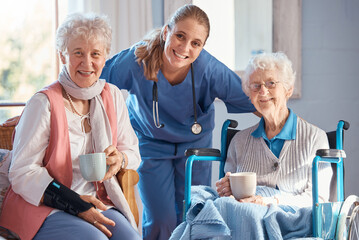 Nursing home, portrait and nurse with senior women after a healthcare checkup, exam or...
