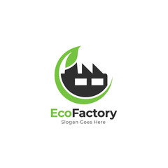 actory and leaf logo combination. Industry and eco symbol or icon. Unique manufacturing and organic logotype design template