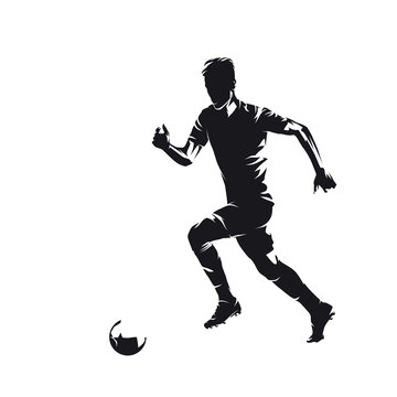 Football player running with ball, isolated vector silhouette, ink drawing. European football athlete