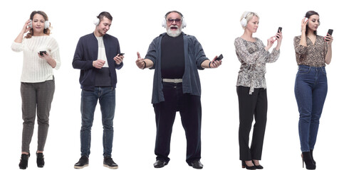 Obraz premium group of people in headphones and phone isolated