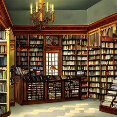 図書館や本屋といった本が棚にたくさん並んだ風景のイラストです。