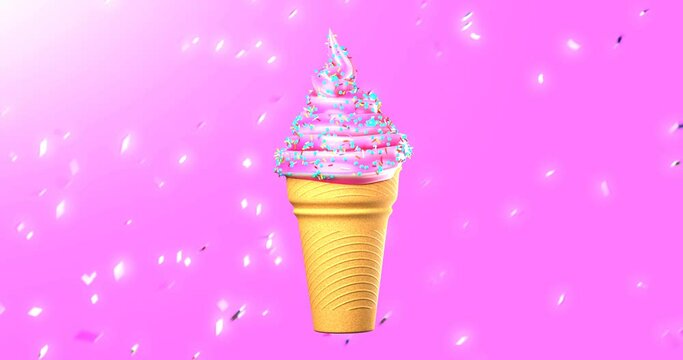 Ice cream spinning with sprinkles on purple background with glitters. Pastel colors. 3D
loop ready animation.