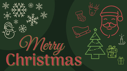 Merry Christmas wallpaper greeting card with text and icon. Santa tree gift socks deer snow flake and snowman vector icons.