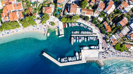 Aerial view of Brela beach and waterfront on Makarska riviera, Dalmatia region of Croatia