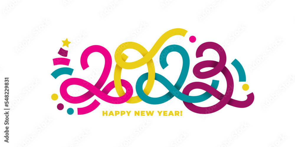 Poster 2023 vector confetti like geometric hand-drawn numbers with minimalistic elements horizontal composi
