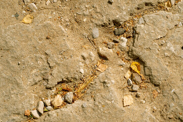 Cracked stone road covered with sand and small stones.