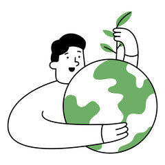 Hugging Earth, hand holding Earth with tree. Environment earth day concept illustration. Suitable for posters, banners.