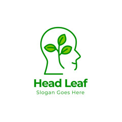 Human head leaves logo illustration. Organic head brain logo concept design. 