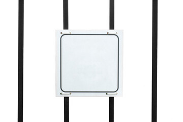 A template with a blank white sign hanging on a fence of metal bars. Background for inscriptions.