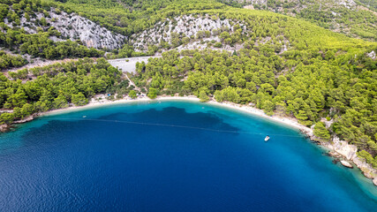 Croatia beach Aerial view of Rocky beach near Igrane, Croatia