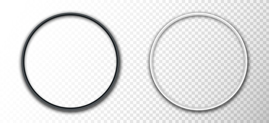 Realistic round frames isolated on transparent background. Metal shiny black and white frame set with shadow. Circular decorative elements for picture, banner, card, poster. 3d vector illustration
