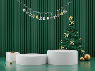 3D Christmas and Happy new year for show product social media post banner template, Green background