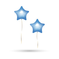 Star balloons in blue solid colour with gold ribbons. Isolated on white background with shadow, mockup template object. Realistic 3D vector illustration.