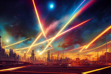 Fototapeta na wymiar Lasers in the sky as Alien Invasion begins over sci fi city