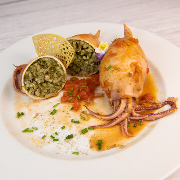 RECIPE FOR STUFFED SQUID, RIZOTTO AND SPINACH PESTO, HOMEMADE TOMATO SAUCE, High quality photo