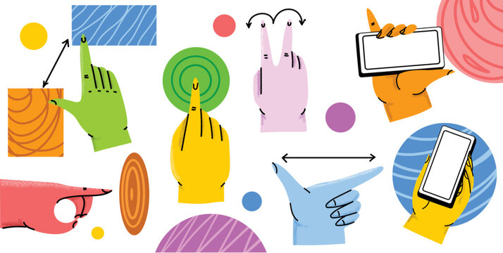 Hands holding smartphone. Vector icon of people hold smartphone or using touch gestures for mobile phone while reading. Press and point, pich and unpinch, rotate and swipe symbol.