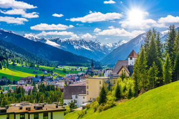 Houses in town village in Alps mountains, Davos, Graubuenden, S