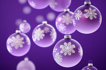 Purple Christmas balls with snowflakes. Set of isolated realistic christmas toys