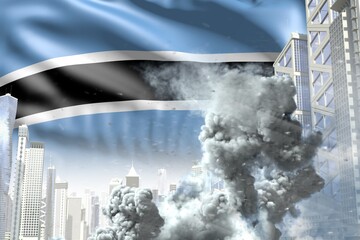 big smoke pillar in the modern city - concept of industrial blast or terrorist act on Botswana flag background, industrial 3D illustration