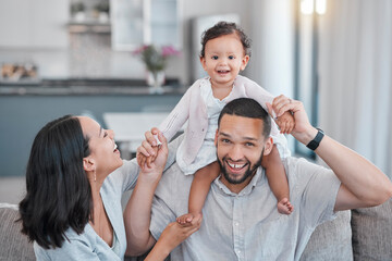 Love, portrait or happy black family on sofa in house for quality time, support or fun. Mother, father or child on couch with smile, happiness or bonding in Brazil family home relax in living room
