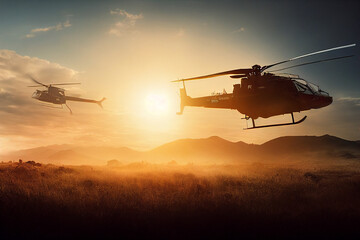 Military helicopters searching over grass field in sunset - obrazy, fototapety, plakaty