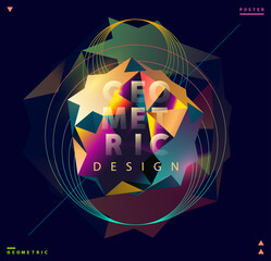 Abstract geometric poser design. 3D polyhedral shapes with transparent text.