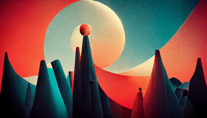 Modern art with colorful shapes dream like hills golden ratio