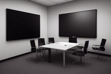 Modern office clean design with black leather chairs and a TV screen for online meetings