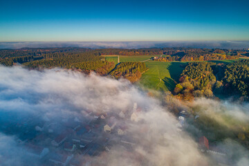 Germany, Bavaria, Allgäu, Mindelau, aerial view trough clouds