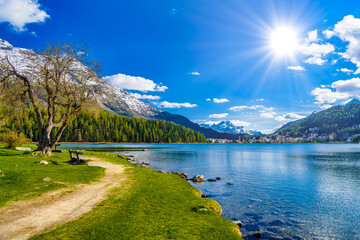 Crystal blue Lake St. Moritz, Sankt Moritz, Maloja, Grisons, Swi