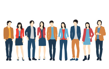  Set of young men and women, different colors, cartoon character, group of silhouettes of standing business people, students, the design concept of flat icon, isolated on white background