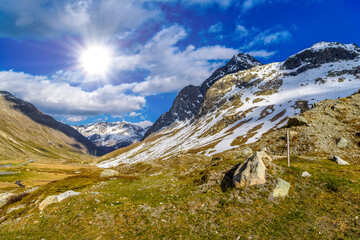 Alps mountains with snow Bivio, Albula, Graubuenden, Switzerland.