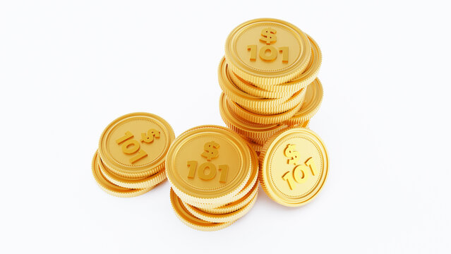 3D render of golden stack coins isolated on a white background. one hundred one dollar coins