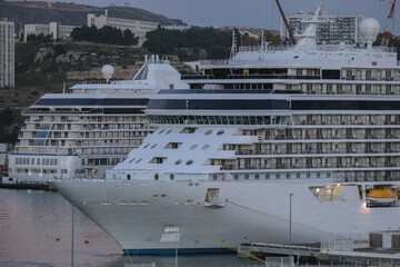 Regent luxury cruiseship or cruise ship liner Splendor arrival into Marseille Provence port during...