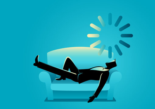 Businessman taking a nap on sofa with loading icon on his head