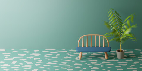 Fototapeta premium A blue bench sits beside a yellow palm tree in a green room with a beautiful mosaic floor. There was a light shining through on the left hand side.3D Render illustration.